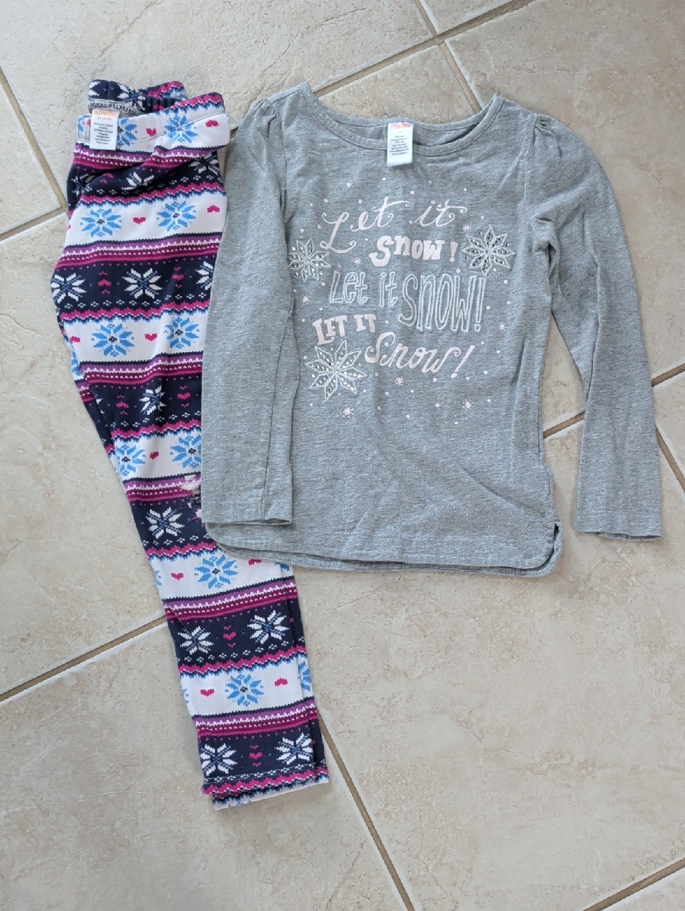 Gymboree Girls Size 7 Gray Top with Navy, Pink & Blue Snowflake Pant Set
